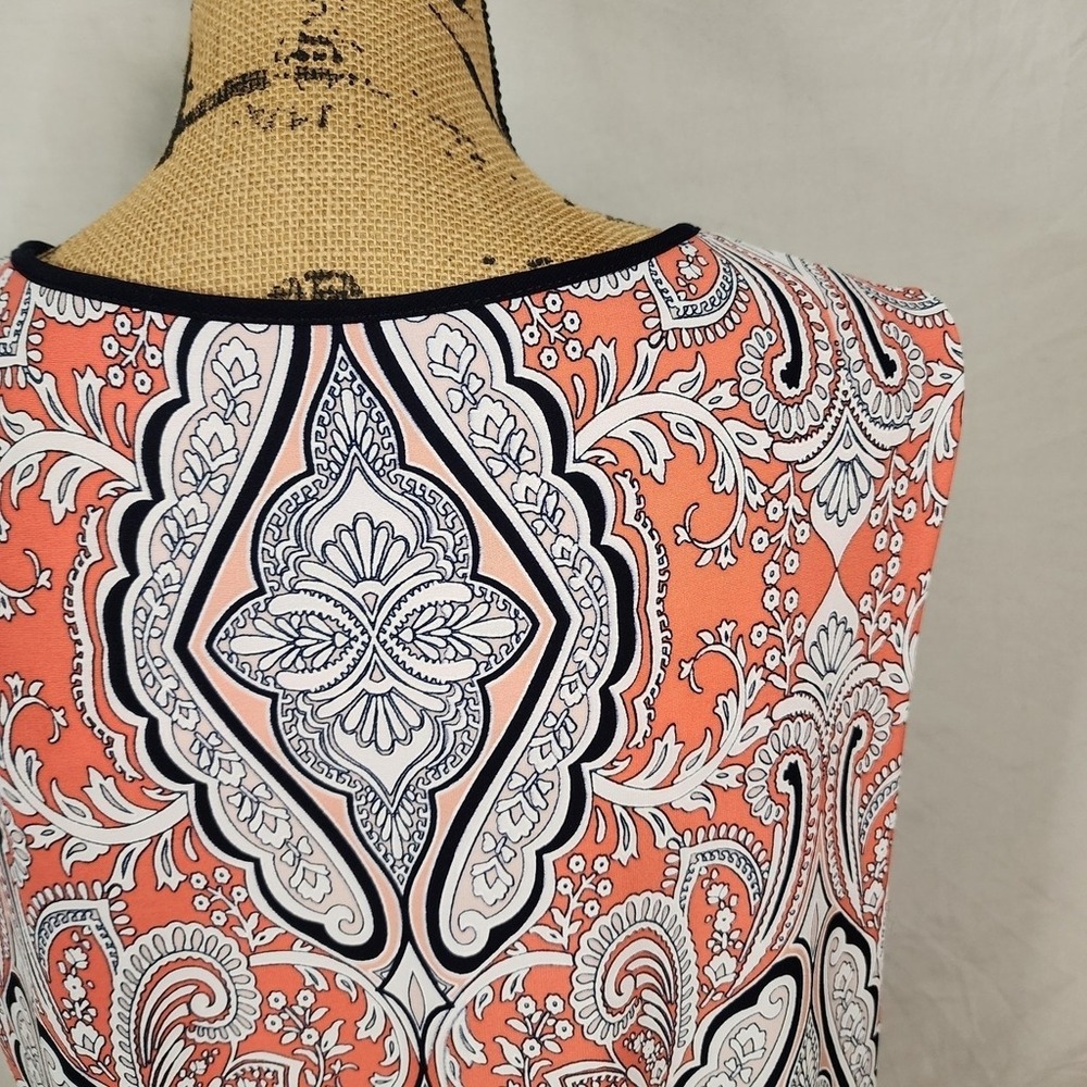 SANDRA DARREN Size 2X Vibrant Coral Navy Boho Chic Paisley Knee Lgth Shift Dress - Picture 7 of 12
